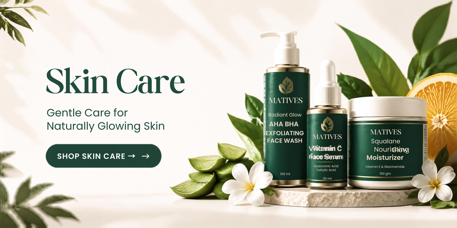 Matives Skin Care collection — Radiant Glow AHA BHA Face Wash, Vitamin C Face Serum, Nourishing Glow Moisturizer